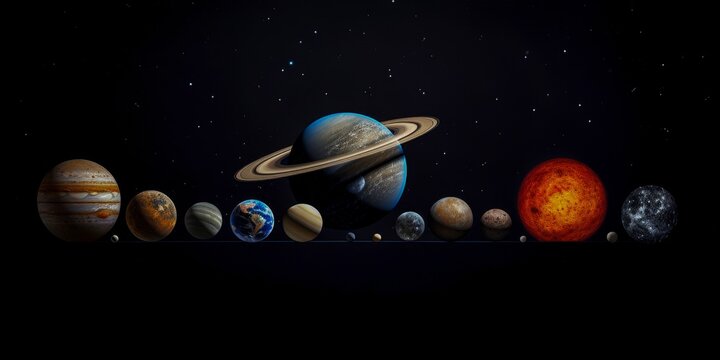 Solar system planets aligned isolated on black