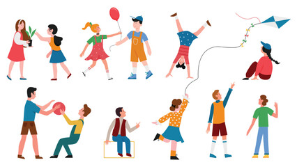 Children play vector illustration set. Cartoon happy boys and girls characters playing different fun games together collection, child flying kite outdoors, holding houseplant, jumping with ball