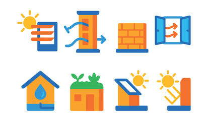 Flat vector icons of climate-responsive architecture: sun shading device, wind catcher vent, thermal mass wall, natural ventilation arrows, rainwater harvesting system, green roof garden, daylighting