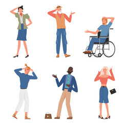 Fototapeta premium Sad people in stress and frustration vector illustration set. Cartoon discouraged unhappy stressed adult characters collection, man woman showing frustrated gestures, mental problem isolated on white