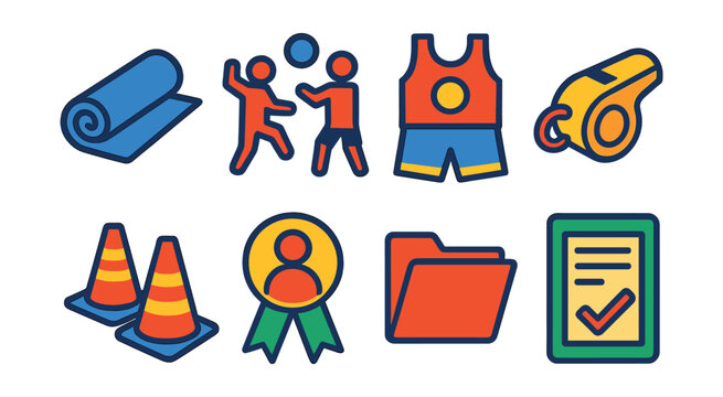 Flat vector icons of youth and school training programs: school gym mat, PE class icon, student sports uniform, team practice whistle, skill drill cones, academic tutor badge, afterschool program