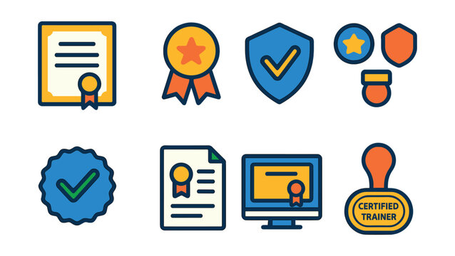 Flat vector icons of training certificates and achievements: completion certificate icon, award ribbon badge, skills mastery shield, training badge collection, verified training seal, course