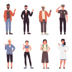 Fototapeta premium People greet and wave vector illustration set. Cartoon bearded hipster businessman policeman and boy waving hello, young woman doctor businessman and girl student with okay gesture isolated on white