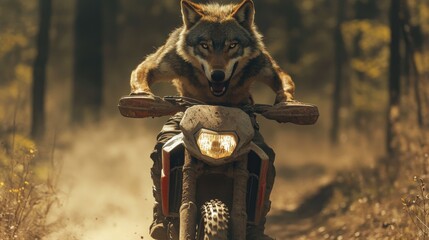 Wolf riding dirt bike aggressively on rugged terrain