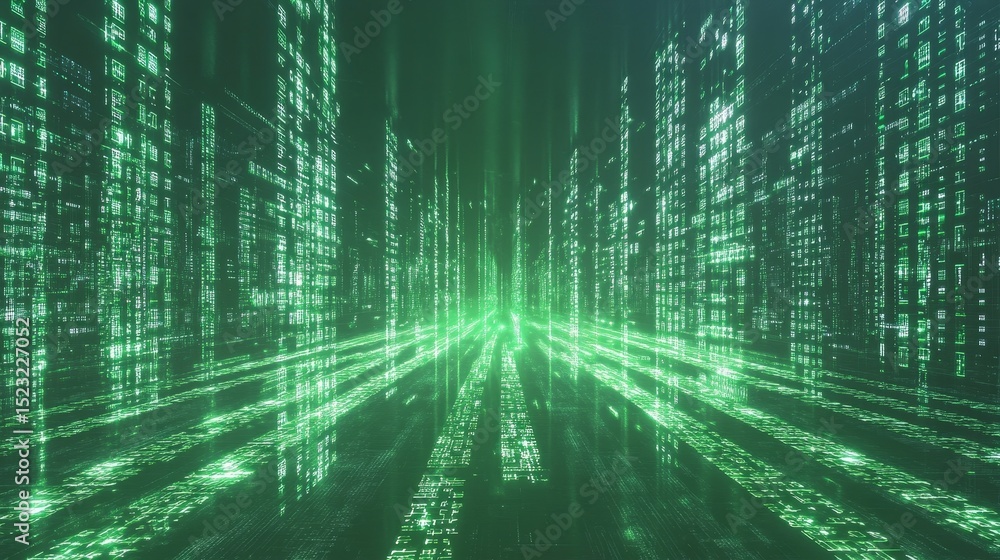 Poster a captivating green digital data stream that embodies advanced technology and visions of an exciting
