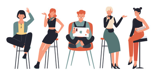 People sitting on chairs vector illustration set. Cartoon friend student and teacher characters sit on high bar stools and communicate, young man and woman talking and waving isolated on white