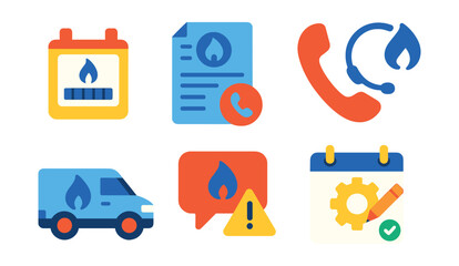Flat vector icons of natural gas utilities and consumer services: gas meter box icon, billing invoice badge, customer service headset, emergency contact phone, installation request form, service