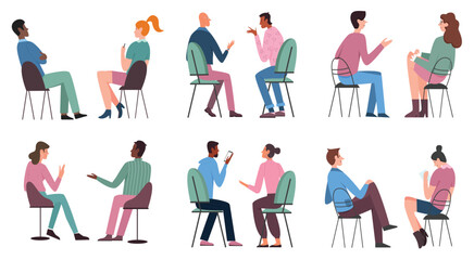 People sit on chairs vector illustration set. Cartoon man woman characters in casual clothes sitting on stools or chairs collection, holding smartphone, chatting with friends isolated on white