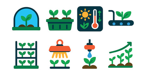 Flat vector icons of greenhouses and plant growth: greenhouse dome icon, seedling tray, climate control panel, hydroponic tube system, vertical farm rack, UV grow light, drip irrigation emitter,