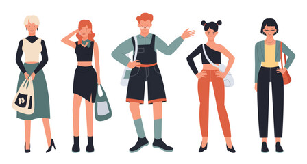 Fototapeta premium People stand in row vector illustration set. Cartoon young man and woman characters standing, holding shopping bag or trendy handbag, wearing stylish and elegant casual clothes isolated on white