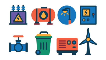 Flat vector icons of port energy and utilities: power substation icon, fuel storage tank, lighting pole badge, electrical panel, water supply valve, waste management bin, backup generator, renewable