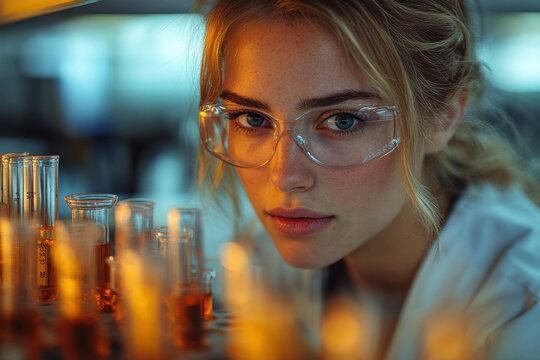 Woman in lab coat looking at a test tube.