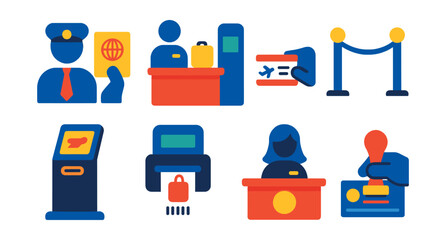 Flat vector icons of airport check-in process: passport control icon, luggage drop-off counter, boarding pass scanner, queue barrier, self-service kiosk, baggage tag printer, customer service desk,