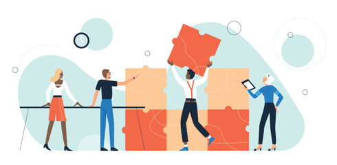 Business people collecting puzzle pieces together vector illustration. Cartoon businessman partner team of characters make puzzle jigsaw cooperation, teamwork and partnership concept isolated on white