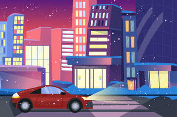 A vibrant cityscape at dusk, featuring a red car driving on a snowy street, surrounded by modern buildings in a colorful urban setting.