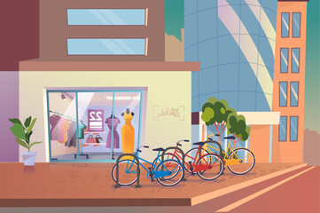A vibrant urban scene featuring colorful bicycles parked in front of a stylish clothing store. The setting is animated and lively, showcasing city architecture.