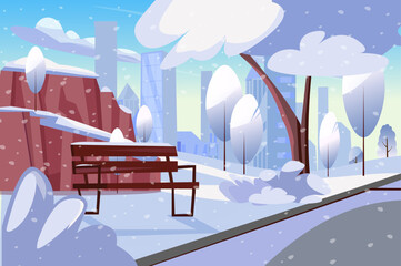 A serene winter park scene featuring light snowfall, a bench, and distant skyscrapers covered in snow. The landscape is peaceful and inviting for a stroll.