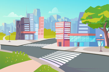 A vibrant urban cityscape is depicted, featuring skyscrapers, green trees, and a clear blue sky. It represents modern architecture and community.