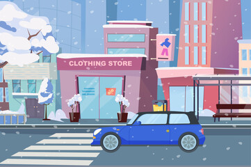 A cartoon illustration of a snowy street featuring a clothing store, a blue car on a zebra crossing, and festive decorations on buildings.