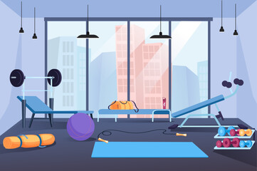 A vibrant gym interior featuring exercise equipment, weights, yoga mats, and a large window view, showcasing an energetic fitness environment.