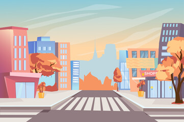 A colorful city street scene showcasing modern buildings and autumn trees, creating a vibrant atmosphere during sunset.