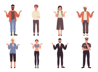 Fototapeta premium People spread hands in surprise vector illustration set. Cartoon worry sad young or old man woman characters have question, office worker or student standing with surprised face isolated on white