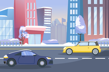 A vibrant cityscape featuring a blue sports car and a yellow compact car on a snowy street, surrounded by modern buildings and trees.