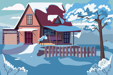 A charming winter house surrounded by snow, featuring a swing and a cozy design. The scene captures a serene and cold atmosphere.