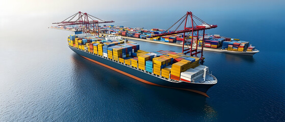 Aerial View Of Cargo Ship At Port With Container Cranes