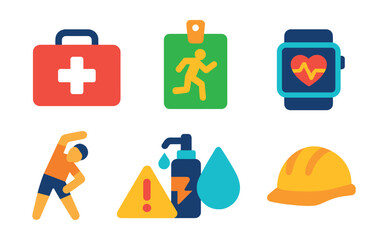 Flat vector icons of gym safety and health: first aid kit icon, emergency exit badge, sanitizer dispenser, heart rate monitor, stretching guide, injury prevention, hydration reminder, safety helmet.