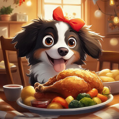 Cute dog in front of a chicken