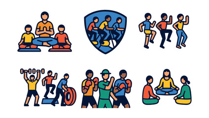 Flat vector icons of gym group classes: yoga group icon, spinning class badge, aerobics session, dance workout, circuit training, boxing group, bootcamp, meditation circle.