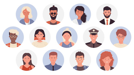 People profile user avatars of different professions vector illustration set. Cartoon man woman professional worker portraits collection, male and female faces circle avatars isolated on white