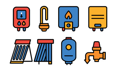 Flat vector icons of water heating systems: instant water heater icon, immersion heater rod, gas water boiler, tankless heater unit, solar thermal collector, domestic hot water cylinder, heating