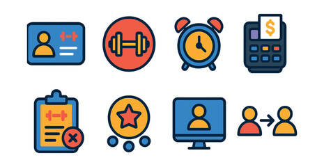 Flat vector icons of gym membership management: membership card icon, subscription badge, renewal reminder, payment gateway, cancellation policy, loyalty points, member portal, referral program.