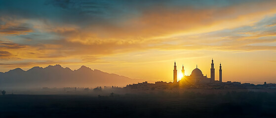 Golden Sunset Over City Silhouette With Mosques