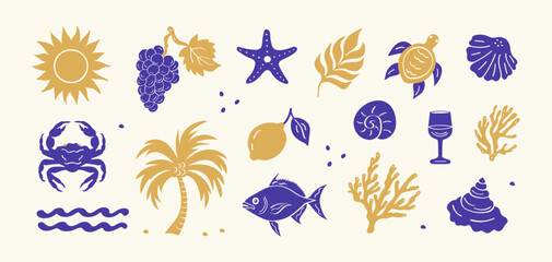 A summer-themed vector set of icons in gold and purple, including a sun, crab, palm tree, grapes, lemon, fish, turtle, shells, coral, wine glass, waves, and leaves on a light background.