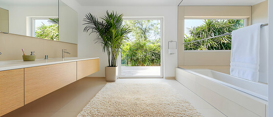 Modern Cream Colored Bathroom With White Tub And Plants