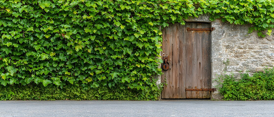 Wooden Door In Stone Wall With Lush Ivy