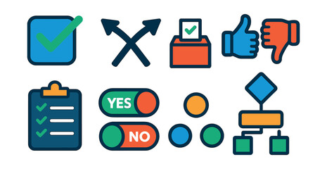 Flat vector icons of decision making and choice: checkmark box icon, crossed arrows sign, voting ballot, thumbs up and down, checklist clipboard, yes/no toggle switch, multiple option circles,