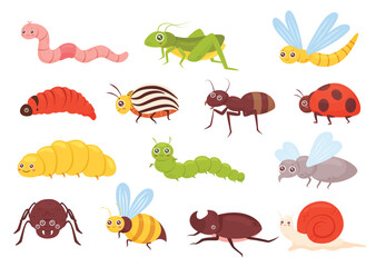 Cute insects vector illustration set. Cartoon colorful funny insect characters for childish kids collection with grasshopper ant bug dragonfly worm spider fly ladybug bee beetle isolated on white