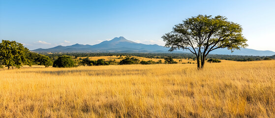 Golden Field With Distant Mountain And Tree Under Clear Sky