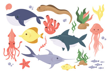 Sea or ocean fish, underwater aquatic animal vector illustration set. Cartoon cute starfish coral seaweed algae from bottom and air bubbles, octopus herring jellyfish shark whale eel isolated on white