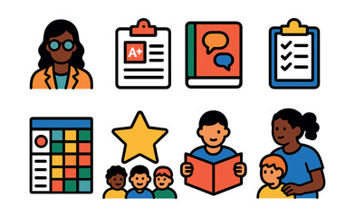 Flat vector icons of teacher and caregiver roles: educator figure icon, lesson plan badge, parent communication notebook, observation checklist, behavior chart, reward sticker, group storytime,