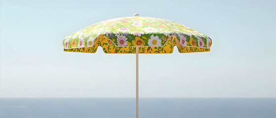 Floral Umbrella Against Calm Ocean Skyline