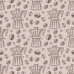 Coffee pot, coffee, beans pattern design. Linear background for menus, coffee shops, web design, bakeries and cafes.