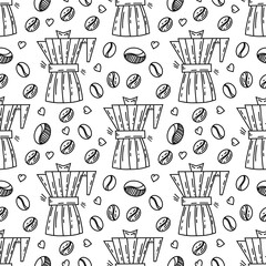 Coffee pot, coffee, beans pattern design. Linear background for menus, coffee shops, web design, bakeries and cafes.