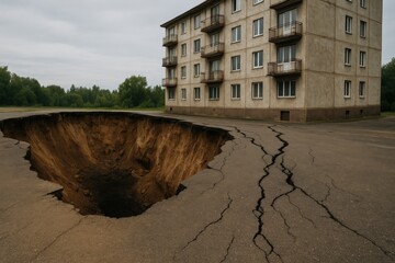 Giant sinkhole next to old apartment building