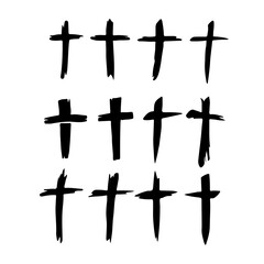 Set of Silhouette Black Icons: Crosses, Crux Symbols, Religious Distress Shapes (Vector)