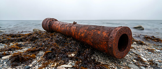 Rusty Metal Pipe On Ocean Shore